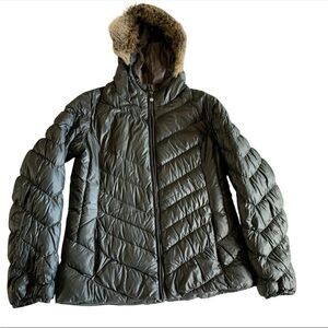 Eddie Bauer Womens Medium Genuine Down Packable Puffer Hood Zip Charcoal Grey